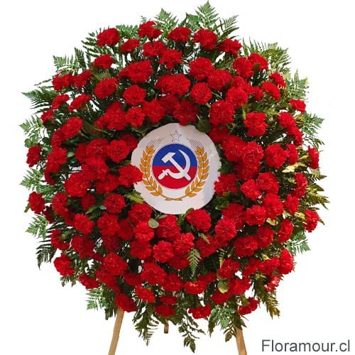 Corona de Flores rojas rosas gerberascrisantemos etc para Funerales Condolencias y Ceremonias Religiosas Montada en Atril con logo de empresa institución o foto de difunto