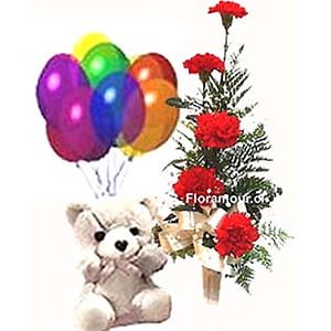 Vertical de claveles con peluche y globos