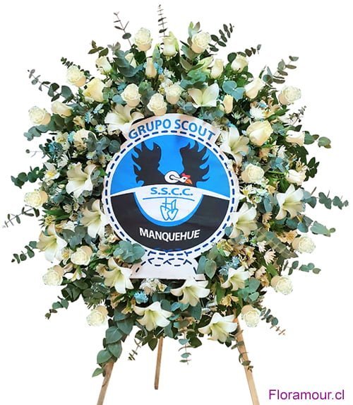 Corona de Flores para Funerales Condolencias y Ceremonias Religiosas Montada en Atril con logo de empresa institución o foto de difunto
