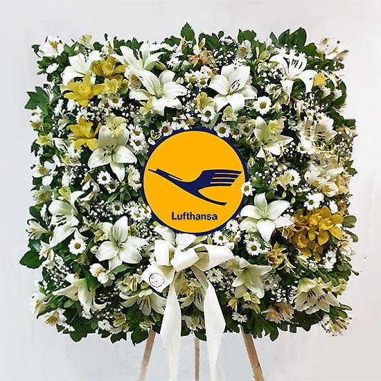 Corona de Flores para Funerales Condolencias y Ceremonias Religiosas Montada en Atril con logo de empresa institución o foto de difunto