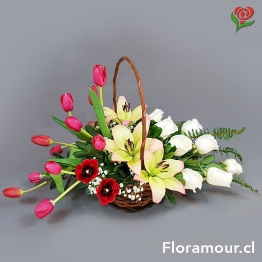 Cesta de tulipanes Lilums y Rosas