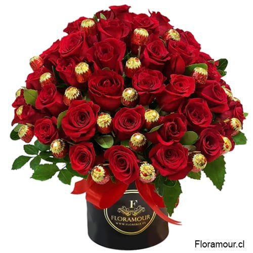 Caja tambor con rosas rojas y bombones