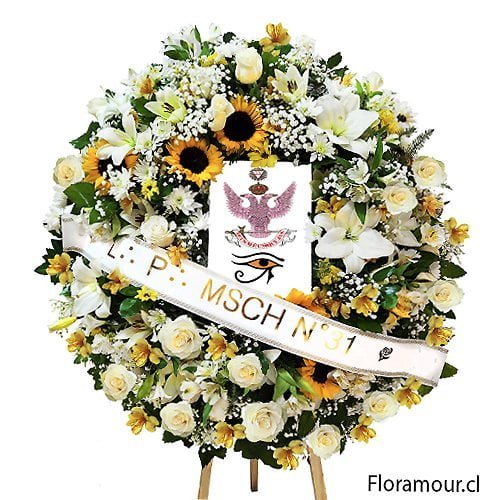 Corona de flores para funeral con logo masónico y cinta impresa