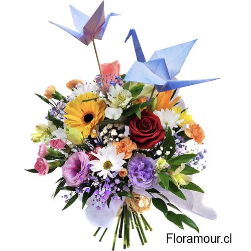 Ramo mixto de flores variadas Alegre con Grullas origami de papel