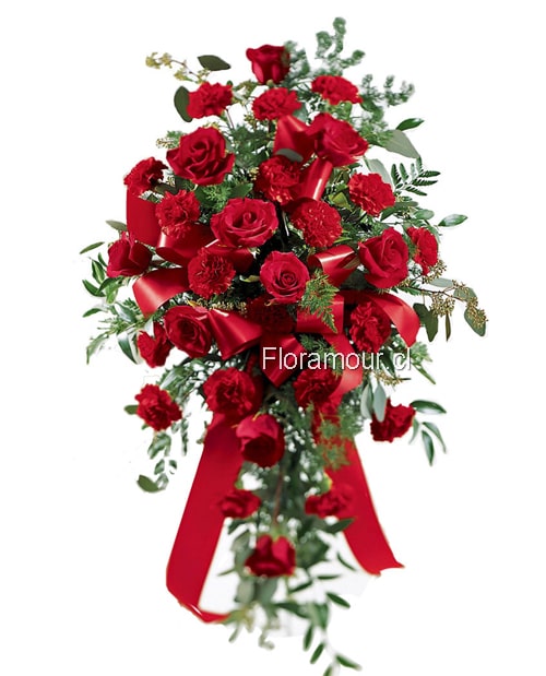 MANO CUBRE URNA DE ROSAS Y CLAVELS ROJOS